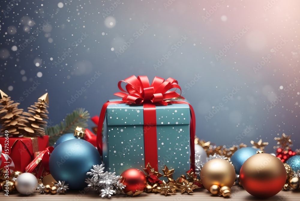 Christmas composition on a table with a white gift box, with a red ribbon with fir branches, toys
Christmas composition on a table with a white gift box, with a red ribbon with fir branches, toys