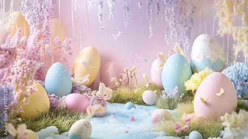 Pastel Easter Eggs in a Floral Springtime Setting
