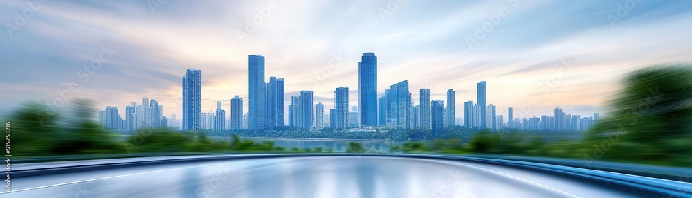 Obraz premium A stunning city skyline at sunset, showcasing modern architecture and vibrant colors, perfect for urban lifestyle themes.