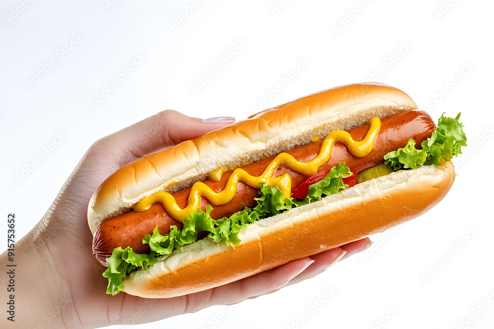 A hand holding a hotdog with ketchup and mustard isolated on a white background A hand holding a hotdog with ketchup and mustard isolated on a white background