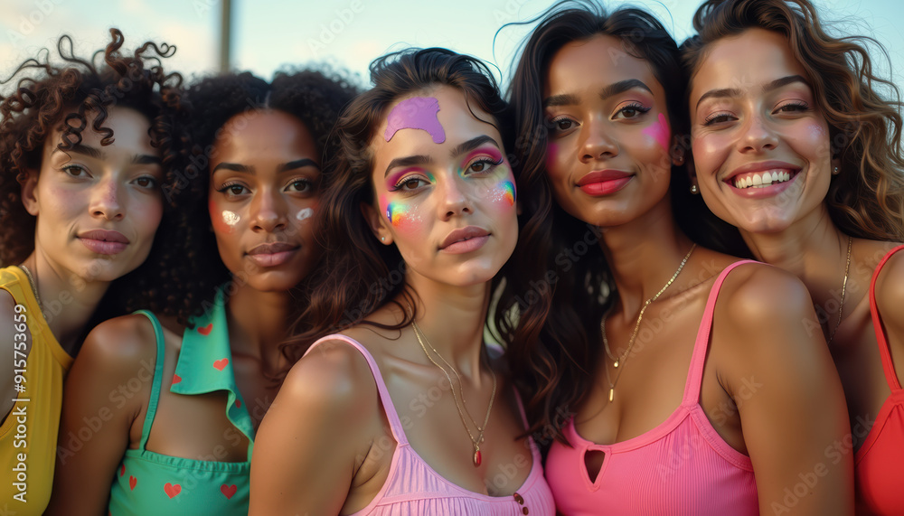 Fototapeta premium Diverse Group of Young Women With Festive Makeup, Bright Colors, and Summer Outfits, Celebrating Together
