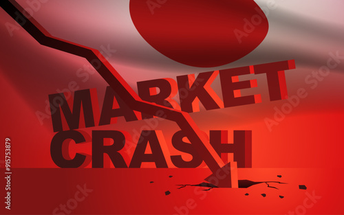 Downward arrow chart crashing, with the words Market Crash and Japanese flag displayed in red behind it. Illustrating economic downturns, financial crisis, or stock market failures