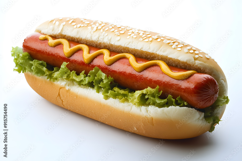 Hot dog with ketchup and mustard on white background
Hot dog with ketchup and mustard on white background