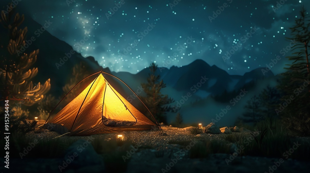 Illuminated camping tent at night with a starry sky Illuminated camping tent at night with a starry sky