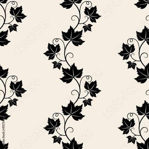 Grape vine with leaves pattern, dark vine silhouette on beige background.