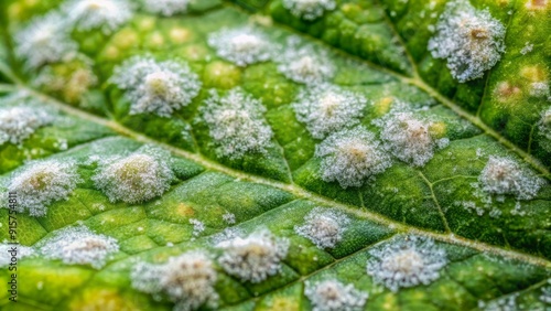 This macro shot captures the intricate details of powdery mildew infecting a green leaf, highlighting the fungal growth and its impact on the plant. It symbolizes disease, infestation, nature, microsc photo