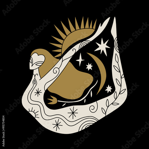 Pretty tattooing girl practicing Kundalini yoga flat doodle cartoon vector clip-art illustration. Young woman doing asana, stretching exercise pilates princess. Female silhouette pose. Sacred divine