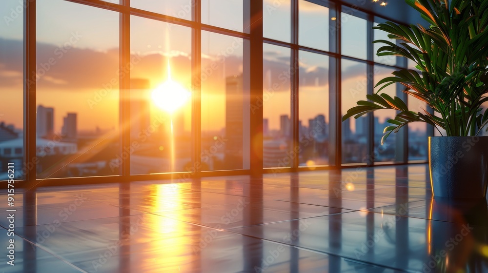 Fototapeta premium Sleek and Sophisticated Office Space with City View and Natural Light for a Professional Workspace Ambiance