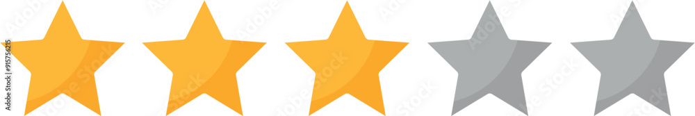Three Star Rating Vector Icon in Flat Design for User Reviews, Feedback, and Rating Systems with Grey and Yellow Stars on a White Background Three Star Rating Vector Icon in Flat Design for User Reviews, Feedback, and Rating Systems with Grey and Yellow Stars on a White Background