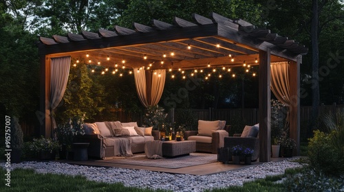 A large patio with a gazebo and a fire pit