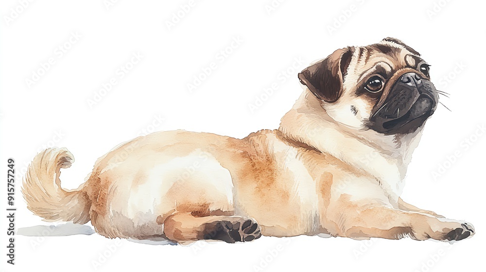 Capture a rear view of a playful pug dog with a wagging curly tail in a charming watercolor style Capture a rear view of a playful pug dog with a wagging curly tail in a charming watercolor style