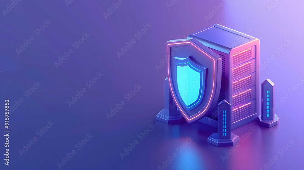 3D illustration of a secure server protected by a shield symbol, representing cybersecurity and data protection in a digital environment. 3D illustration of a secure server protected by a shield symbol, representing cybersecurity and data protection in a digital environment.