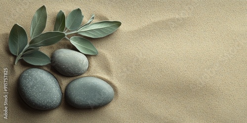 Tranquil Scene with Sage Twig and Smooth Pebbles on Sand