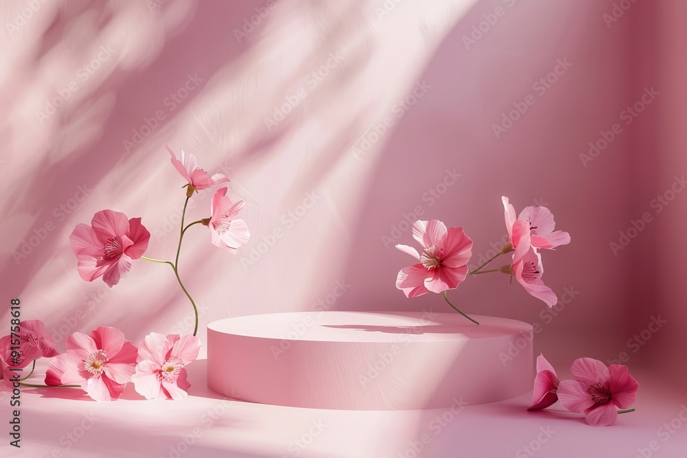 Pink podium with pink flowers for product display Pink podium with pink flowers for product display