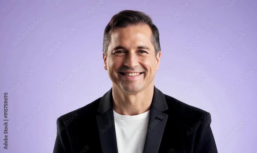 Handsome middle-aged man smiling at the camera on a purple background Handsome middle-aged man smiling at the camera on a purple background