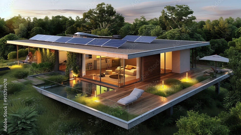 Fototapeta premium Luxury house with solar panels on the roof, eco friendly