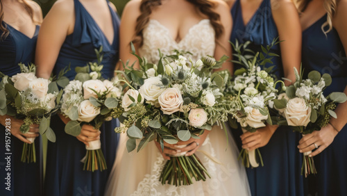 Bride and bridesmaids holding coordinated white rose bouquets with lush greenery