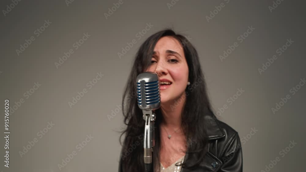 A vocalist in a black leather jacket sings with expressive hands and eyes open as the camera zooms in and out. In front of a vintage microphone against a grey background A vocalist in a black leather jacket sings with expressive hands and eyes open as the camera zooms in and out. In front of a vintage microphone against a grey background