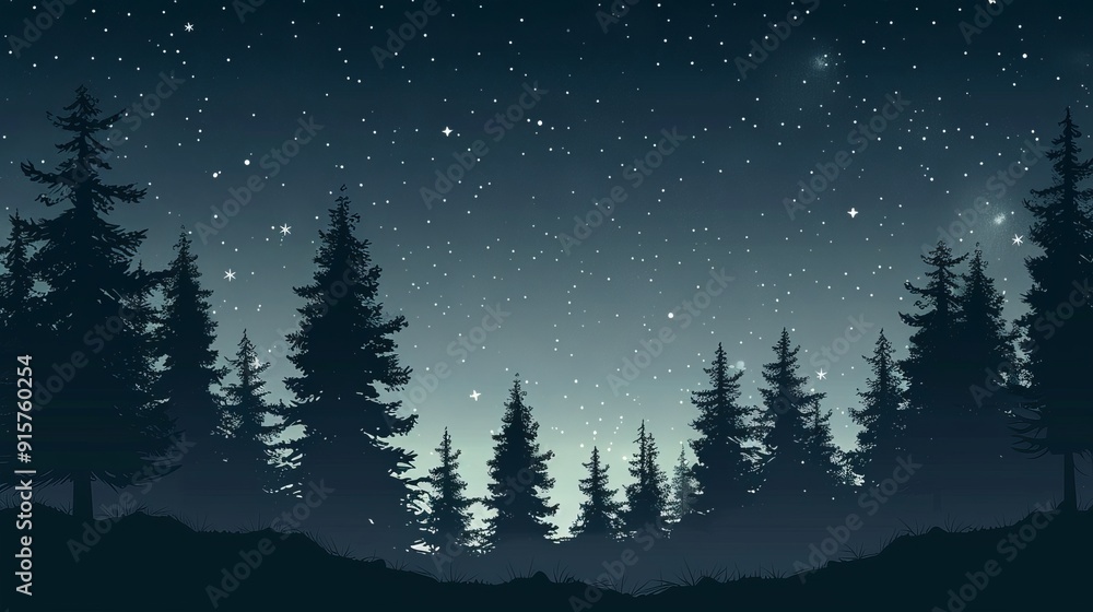 Forest with pine trees at night with a starry sky Forest with pine trees at night with a starry sky