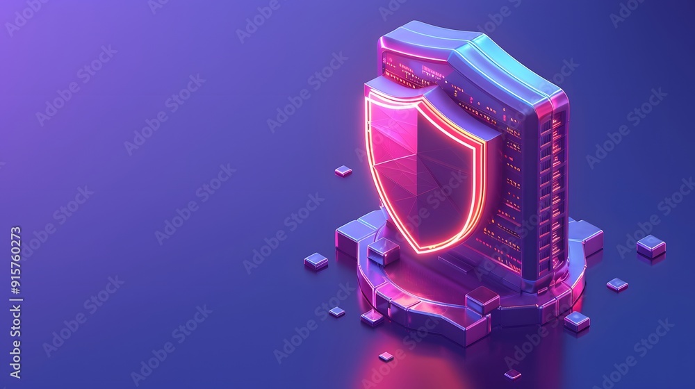 Fototapeta premium 3D illustration of cybersecurity concept with a digital shield protecting data on a blue and purple futuristic background