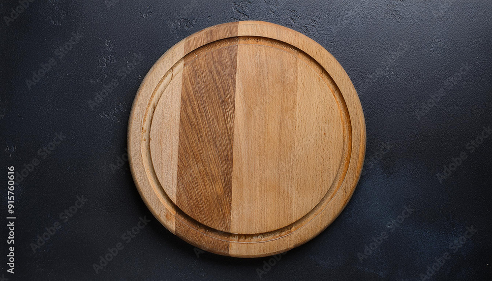 Round wooden cutting board on dark background. Close-up. Top view Round wooden cutting board on dark background. Close-up. Top view