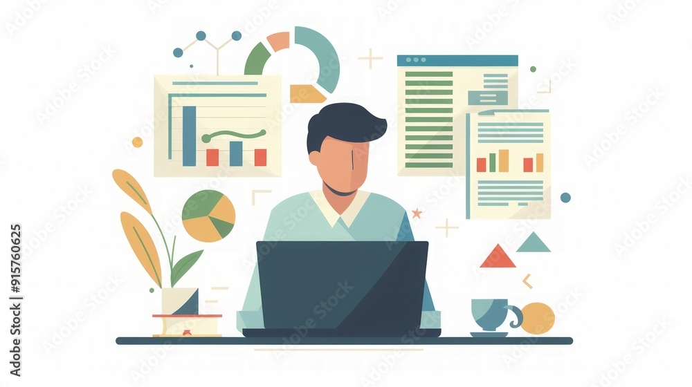 Businessman Working on Laptop with Data Analytics Charts Businessman Working on Laptop with Data Analytics Charts