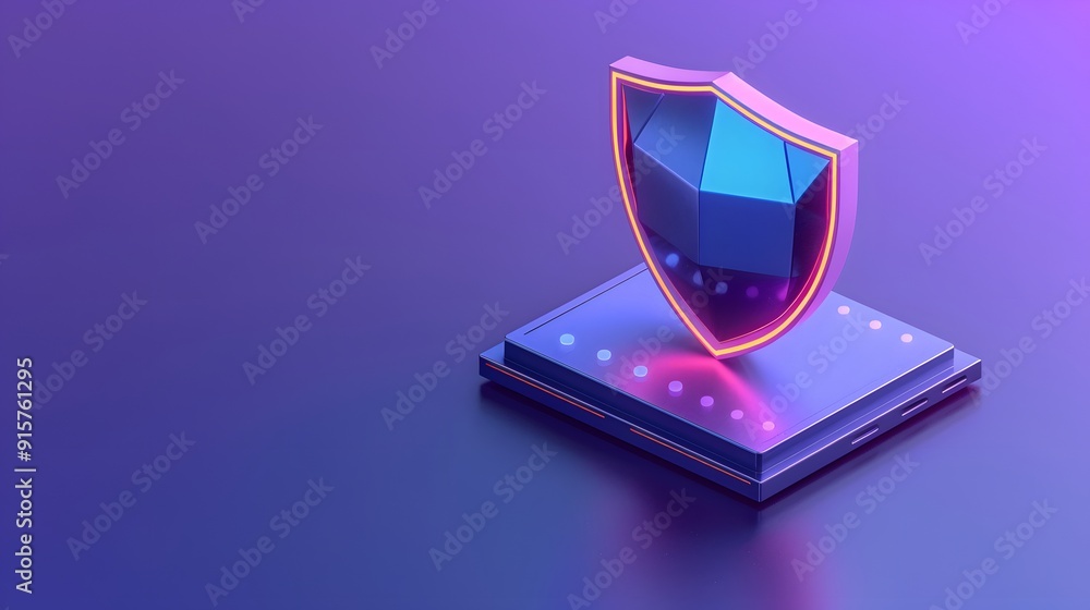 3D rendered image of a futuristic shield icon with neon lights, representing cybersecurity on a purple background. 3D rendered image of a futuristic shield icon with neon lights, representing cybersecurity on a purple background.