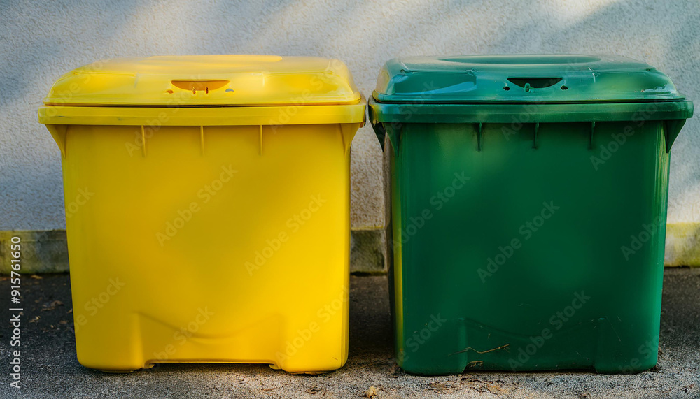 Yellow and green house garbage can. Waste sorting. Yellow and green house garbage can. Waste sorting.