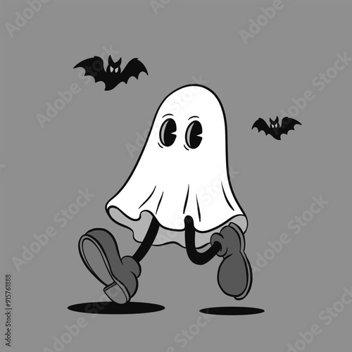 Retro groovy Halloween mascot set. Isolated cartoon vector funny characters, jack o lantern, ghost and skeleton with a candle, with spooky and funny expression during party night celebration