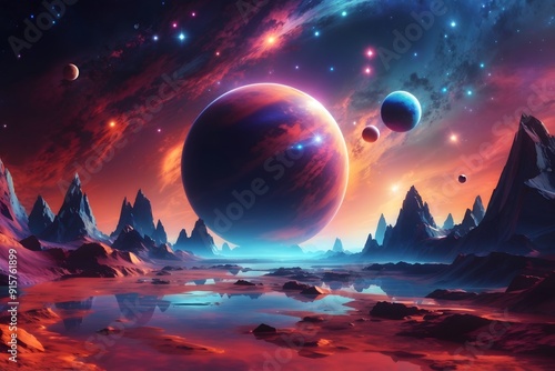 Futuristic fantasy landscape, sci-fi landscape with planet, neon light, cold planet. Galaxy, unknown planet. Dark natural scene with light reflection in water. Neon space galaxy portal. 3d 