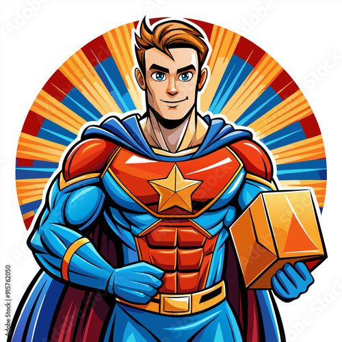 Pop art superhero. Young handsome happy man in a superhero costume flies holding big box with super fast delivery text. Delivery poster template.