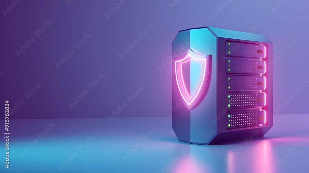 A futuristic server with neon shield icon symbolizing cybersecurity and data protection, set against a gradient background. A futuristic server with neon shield icon symbolizing cybersecurity and data protection, set against a gradient background.