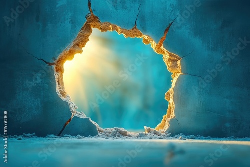 A Hole in a Blue Wall Revealing a Bright Light and Blurred Background