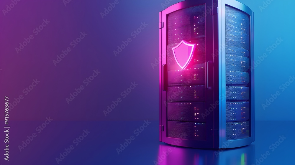 A server rack with a glowing shield icon represents cybersecurity protection in a modern data center environment. A server rack with a glowing shield icon represents cybersecurity protection in a modern data center environment.