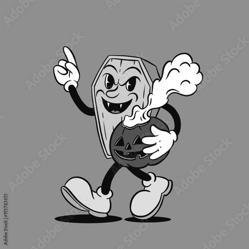 Retro groovy Halloween mascot set. Isolated cartoon vector funny characters, flying witch, ghost and wooden coffin with a pumpkin, with spooky and funny expression during party night celebration