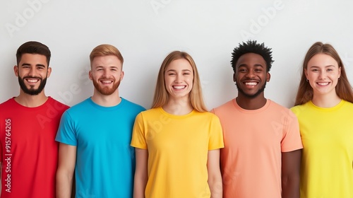 A group of people wearing brightly colored t-shirts are smiling for the camera. Concept of unity and happiness among the group