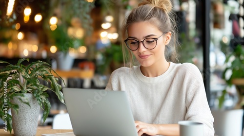 A woman is sitting at a table with a laptop in front of her. She is wearing glasses and smiling