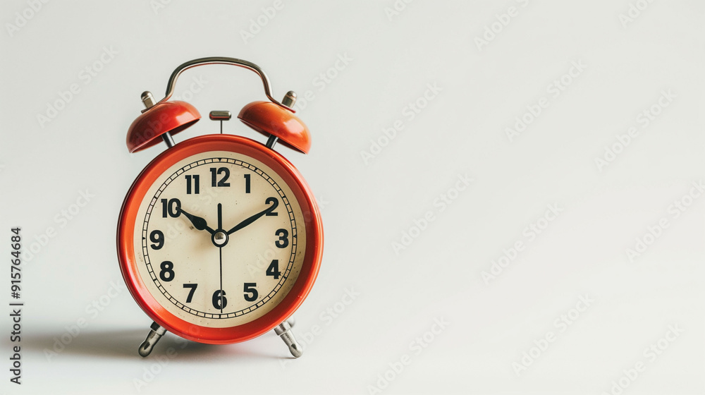 Classic Round Alarm Clock in Bright Red Color on White Background at Morning Hours Classic Round Alarm Clock in Bright Red Color on White Background at Morning Hours