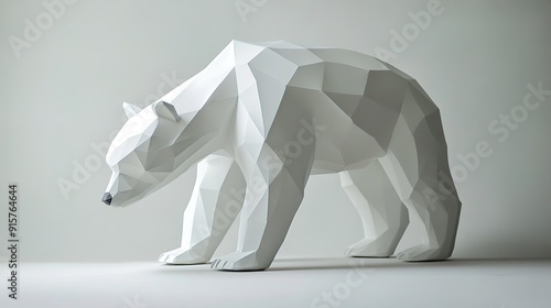 Low-poly geometric polar bear sculpture, modern design in a white minimalist setting