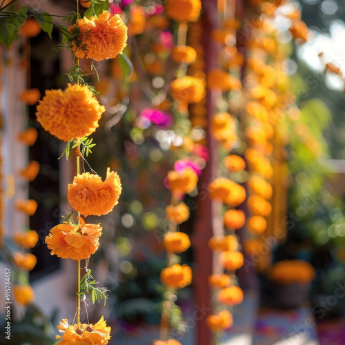 Marigold garlands draping along the house's exterior, Day of the Dead, blurred background. photo