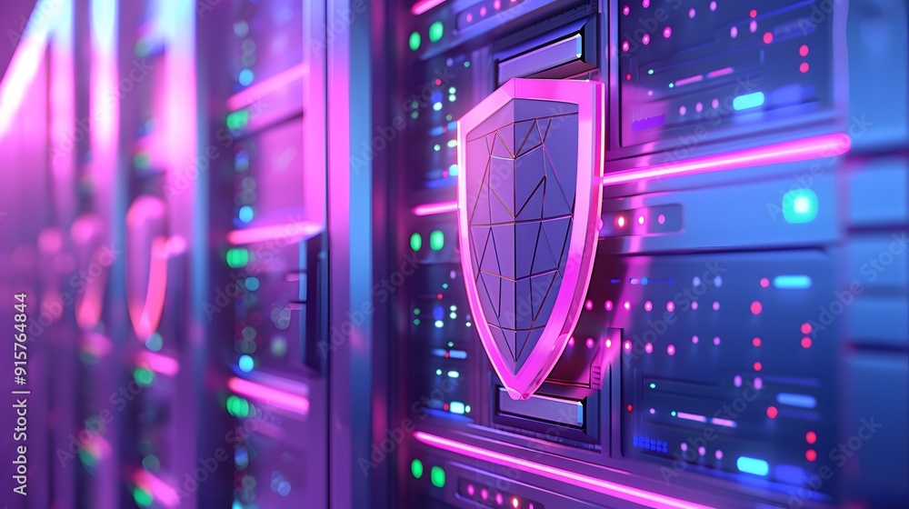 Close-up of server racks with a digital shield icon, symbolizing cybersecurity and data protection in a vibrant, neon-lit environment. Close-up of server racks with a digital shield icon, symbolizing cybersecurity and data protection in a vibrant, neon-lit environment.