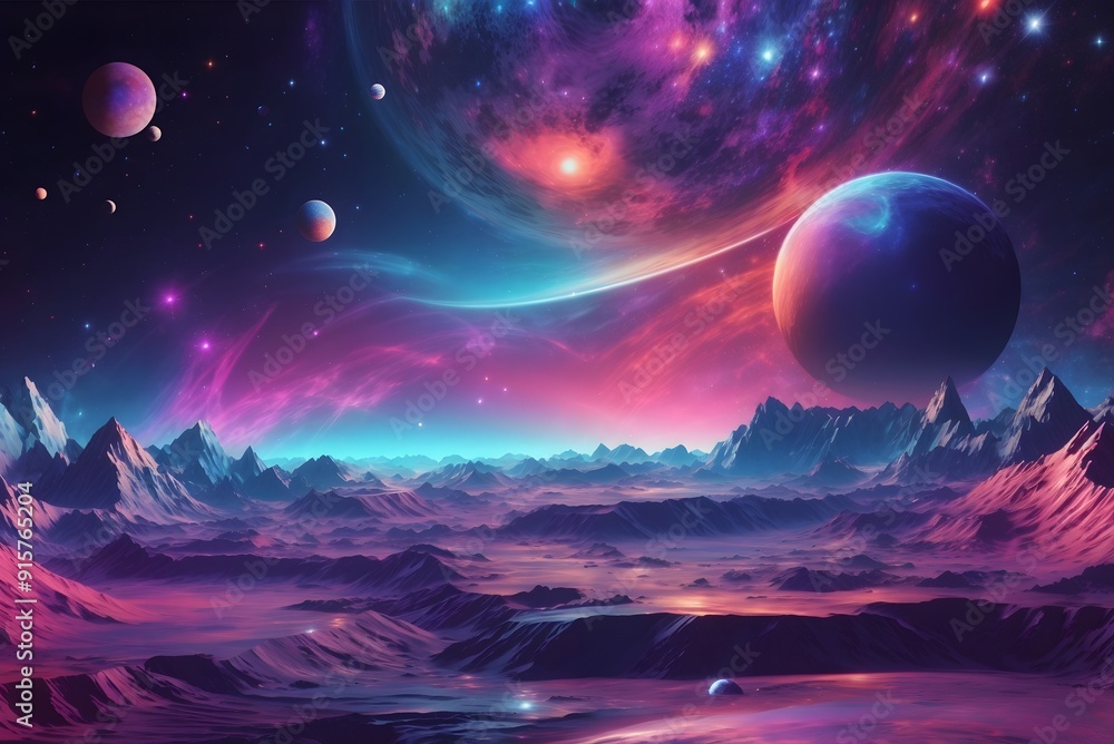 Futuristic fantasy landscape, sci-fi landscape with planet, neon light, cold planet. Galaxy, unknown planet. Dark natural scene with light reflection in water. Neon space galaxy portal. 3d
Futuristic fantasy landscape, sci-fi landscape with planet, neon light, cold planet. Galaxy, unknown planet. Dark natural scene with light reflection in water. Neon space galaxy portal. 3d
