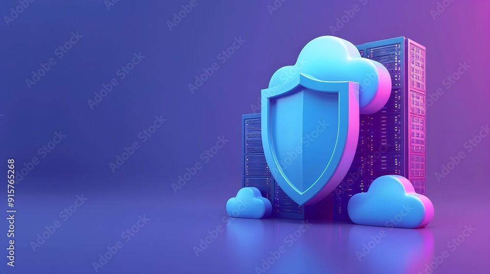 Cloud security concept with shield and cloud icons against a purple background. Data protection and server safety illustration. Cloud security concept with shield and cloud icons against a purple background. Data protection and server safety illustration.