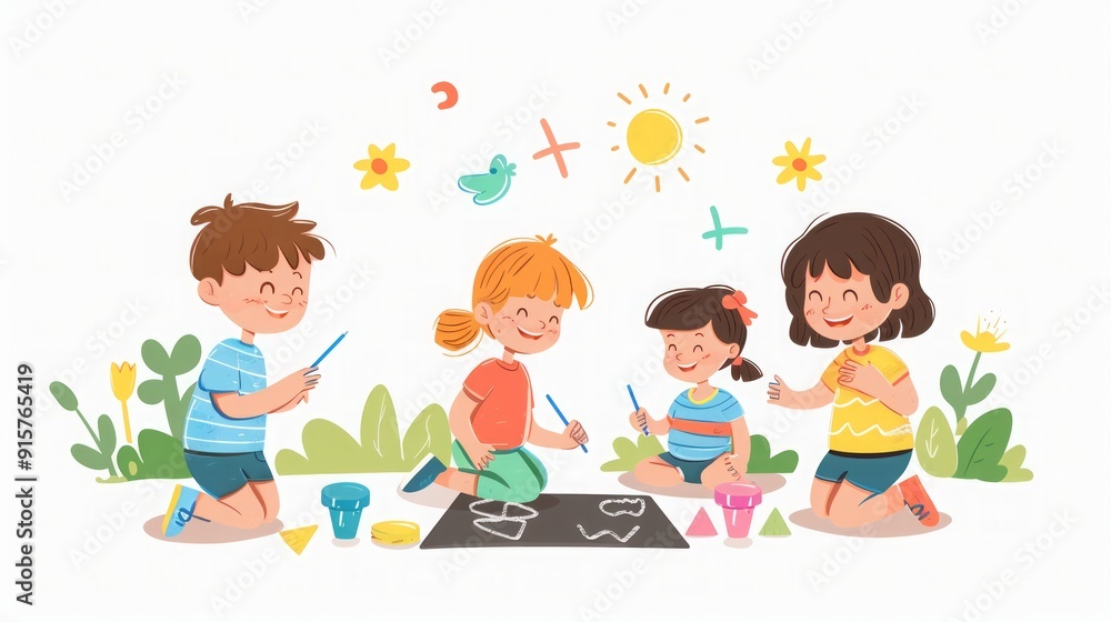 Happy Children Drawing Together in a Sunny Meadow Happy Children Drawing Together in a Sunny Meadow