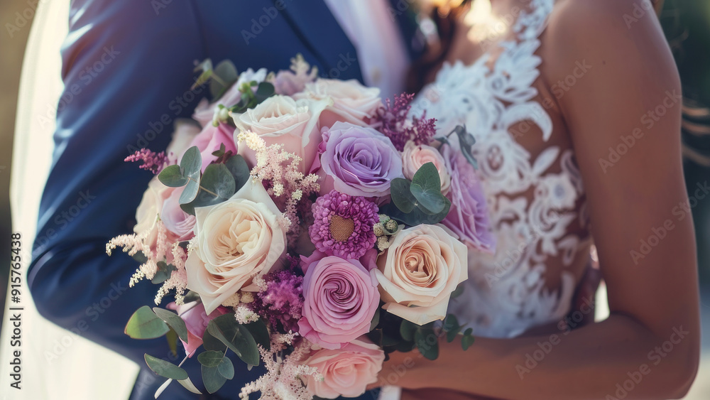 Bride holding pastel-colored bouquet of pink, purple, and white roses with eucalyptus leaves Bride holding pastel-colored bouquet of pink, purple, and white roses with eucalyptus leaves