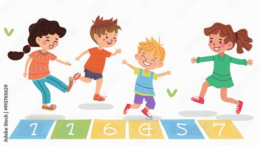 Happy Kids Playing Hopscotch: A Fun Outdoor Game Happy Kids Playing Hopscotch: A Fun Outdoor Game