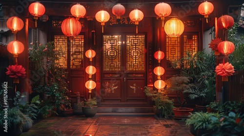 A decorated home entrance for Lunar New Year red lanterns