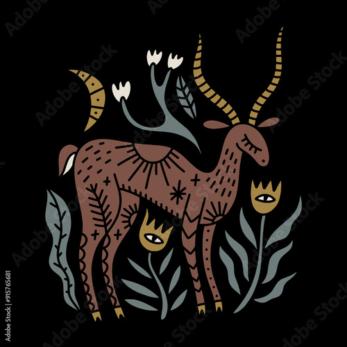 Cartoon boho celestial folk antelope hand drawn doodle vector illustration. Friendly cute oryx or gazelle african character. Ornate animal with floral botanical elements and flowers isolated on black