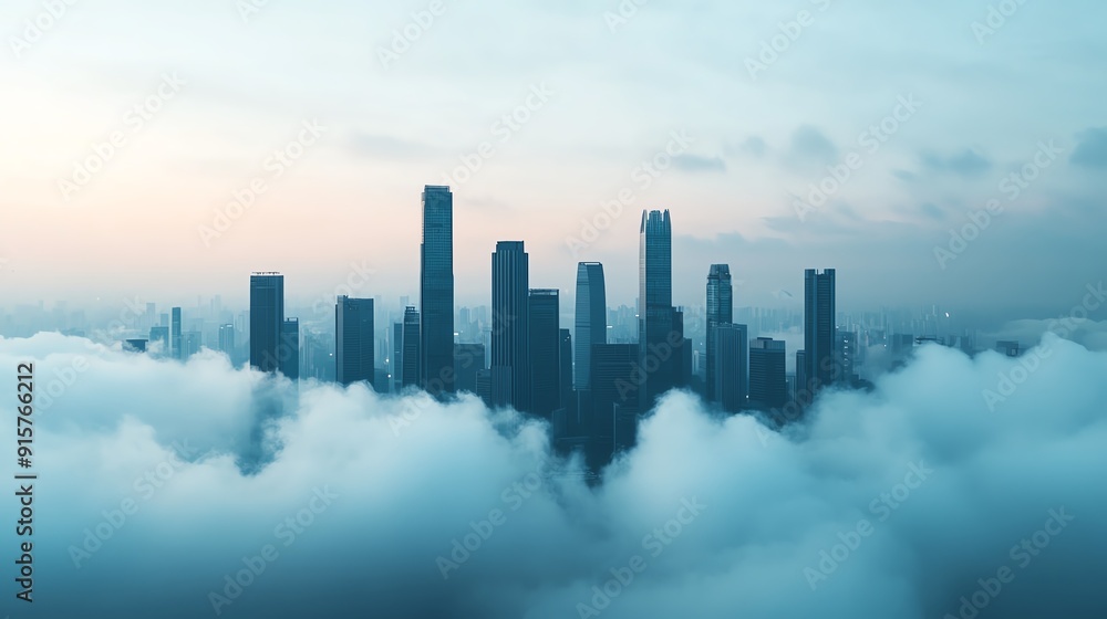 A stunning skyline rising above soft clouds, creating a serene and dreamlike urban landscape at dawn. A stunning skyline rising above soft clouds, creating a serene and dreamlike urban landscape at dawn.