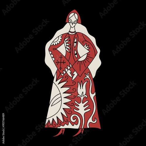 Rural doodle medieval local girl in folklore costume. Folk cartoon fairytale funny groovy whimsical flat art. Midsummer or Litha holiday. Hand-drawn bohemian composition. Boho woman energy mystical